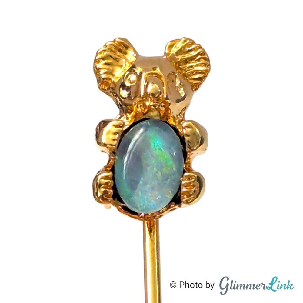 Vintage Koala Bear Stick Pin Blue Oval Cabochon Gold Tone